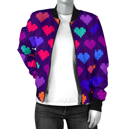 Heart Pixel Pattern Print Design HE03 Women Bomber Jacket