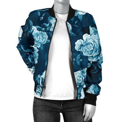 Rose Blue Pattern Print Design RO014 Women Bomber Jacket