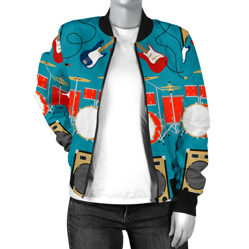 Drum Set Guitar Pattern Print Design 02 Women's Bomber Jacket
