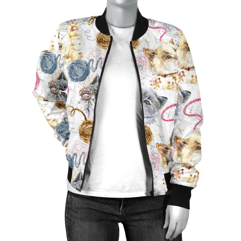 Cat Playing Yarn Pattern Print Design 07 Women's Bomber Jacket