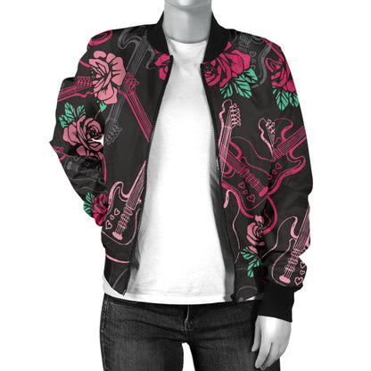 Bass Guitar Pink Rose Pattern Print Design 01 Women's Bomber Jacket