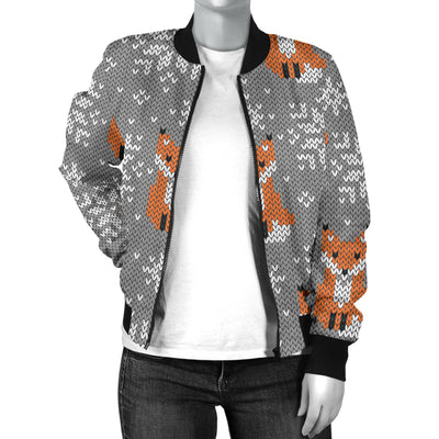 Knit Red Fox Pattern Print Design 02 Women's Bomber Jacket