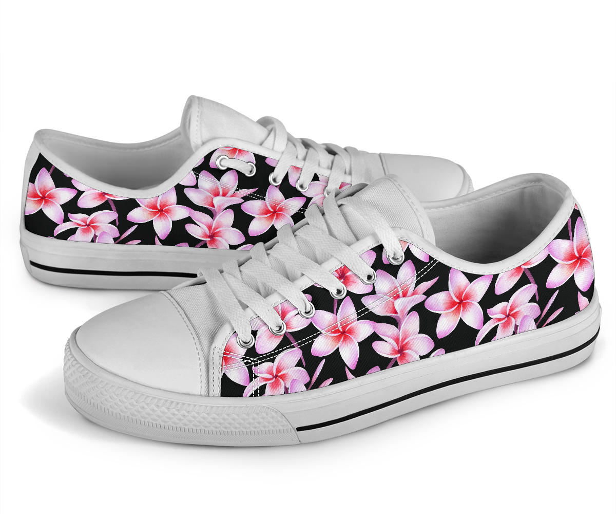 Pink Plumeria Pattern Print Design PM09 White Bottom Low Top Shoes