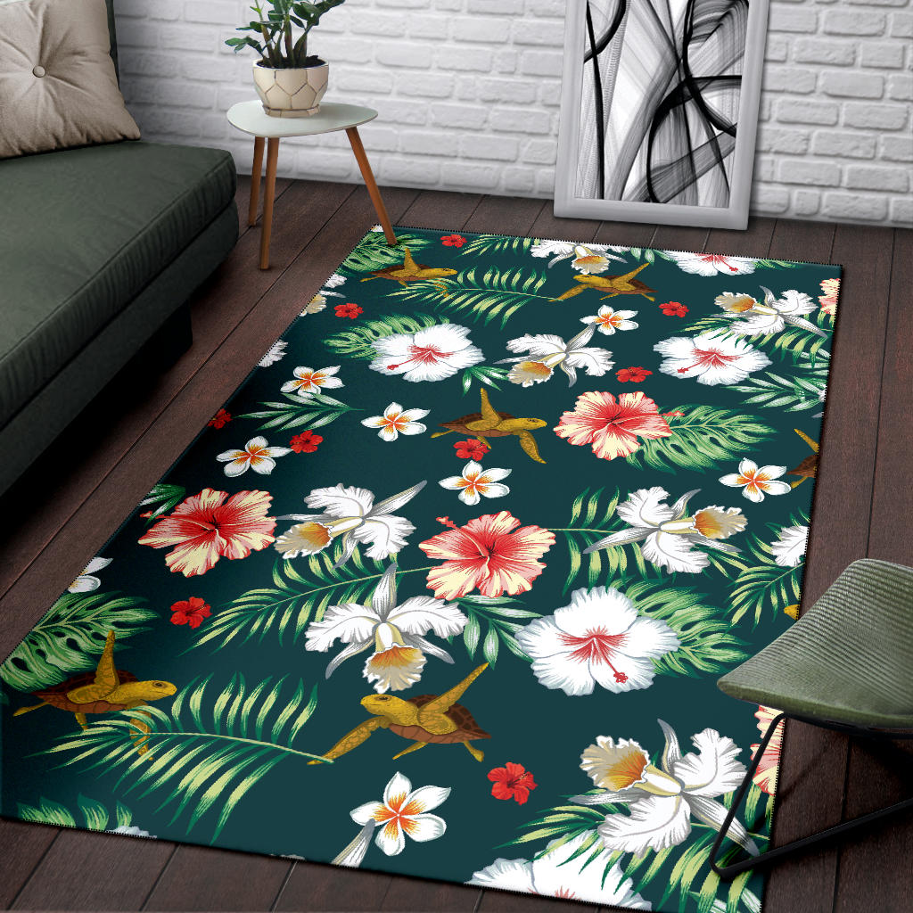 Hawaiian Flower Design with SeaTurtle Print Area Rugs