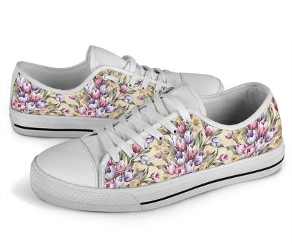 Tulip Pattern Print Design TP04 White Bottom Low Top Shoes