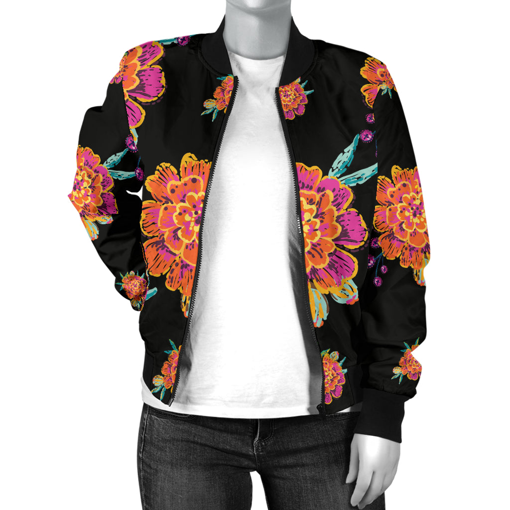 Marigold Pattern Print Design 01 Women's Bomber Jacket