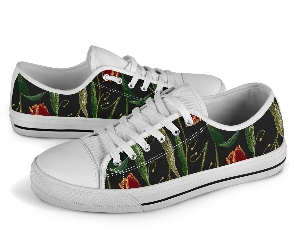 Tulip Embroidered Pattern Print Design TP01 White Bottom Low Top Shoes