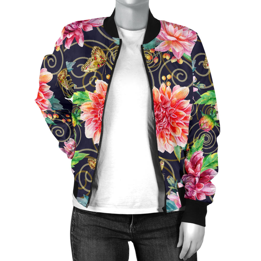 Dahlia Pattern Print Design DH02 Women Bomber Jacket