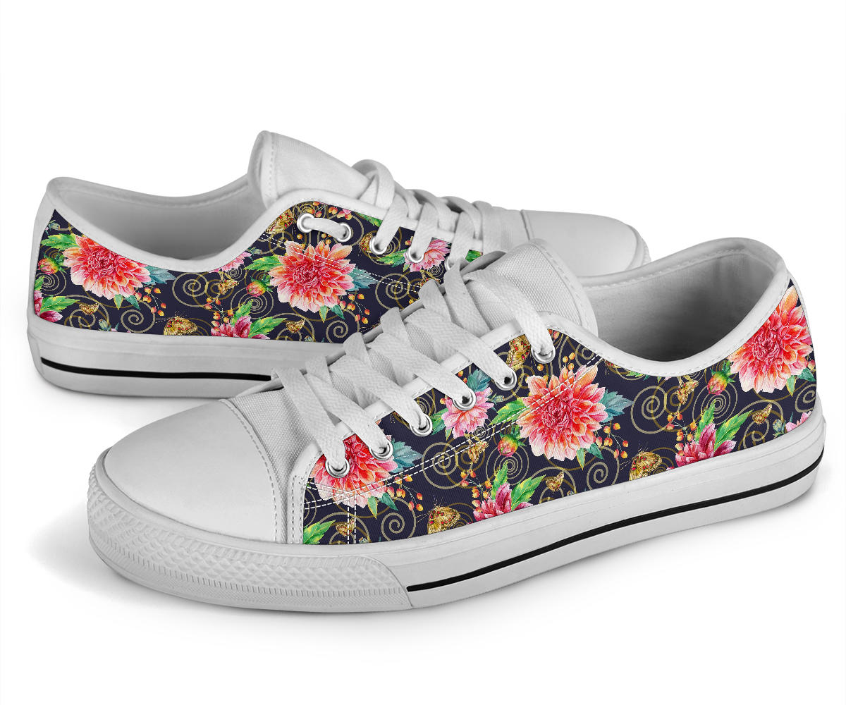 Dahlia Pattern Print Design DH02 White Bottom Low Top Shoes