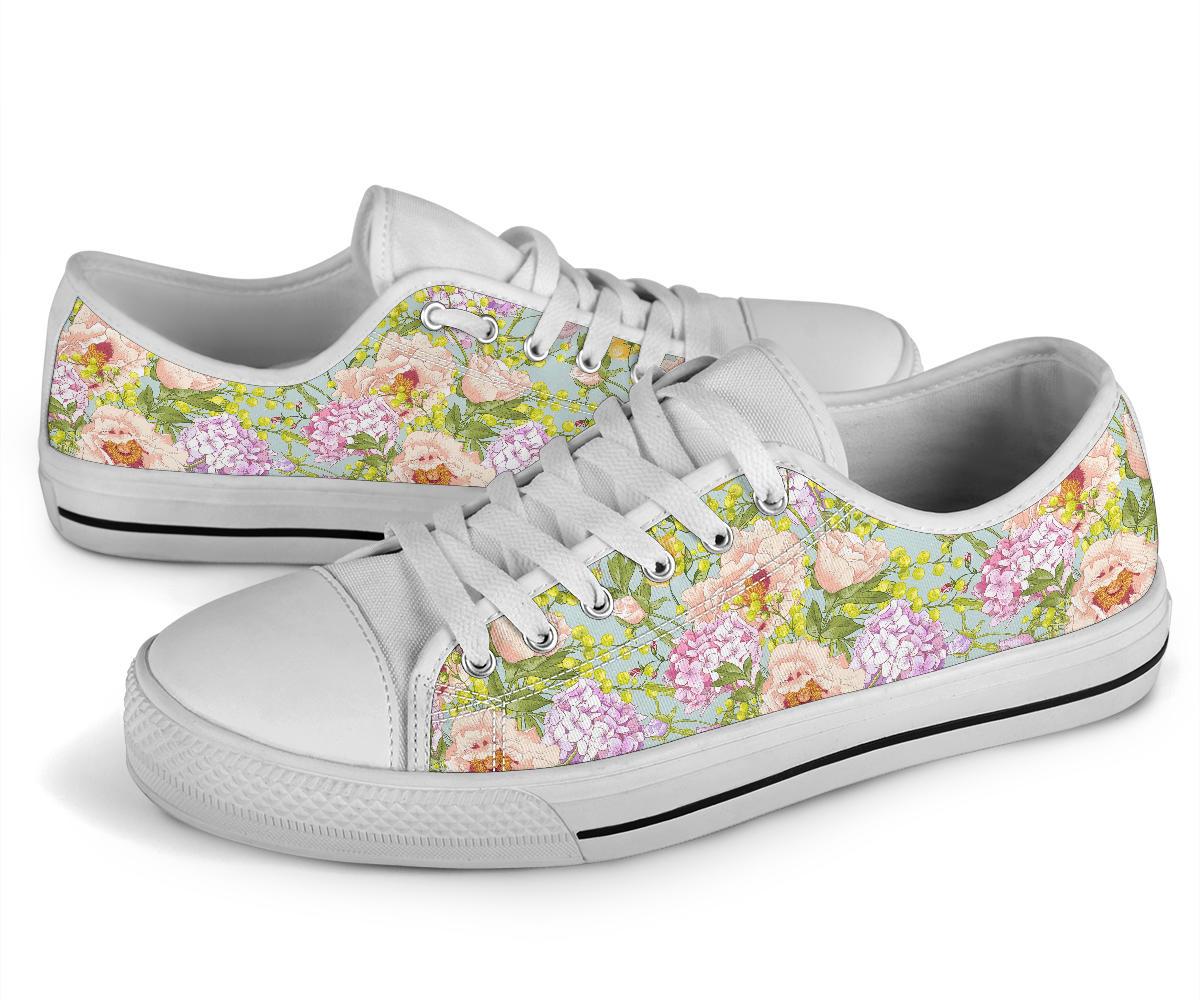 Hydrangea Pattern Print Design HD02 White Bottom Low Top Shoes