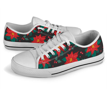 Poinsettia Pattern Print Design POT07 White Bottom Low Top Shoes