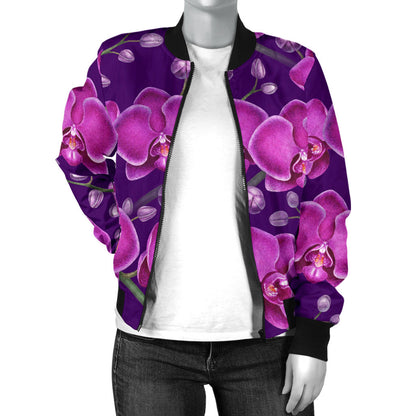 Orchid Purple Pattern Print Design OR02 Women Bomber Jacket