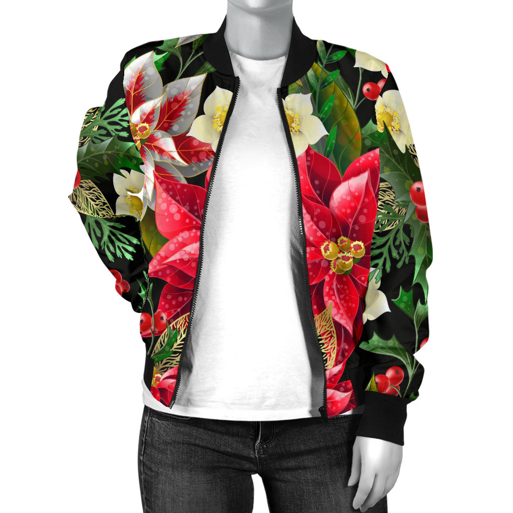 Poinsettia Pattern Print Design POT05 Women Bomber Jacket