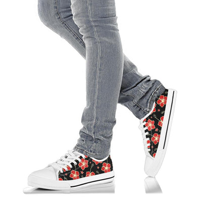 Red Hibiscus Pattern Print Design HB021 White Bottom Low Top Shoes