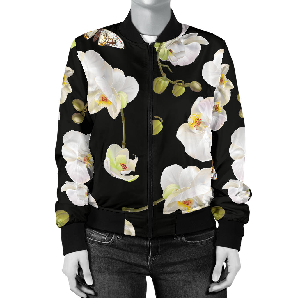 Orchid White Pattern Print Design OR011 Women Bomber Jacket