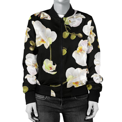 Orchid White Pattern Print Design OR011 Women Bomber Jacket
