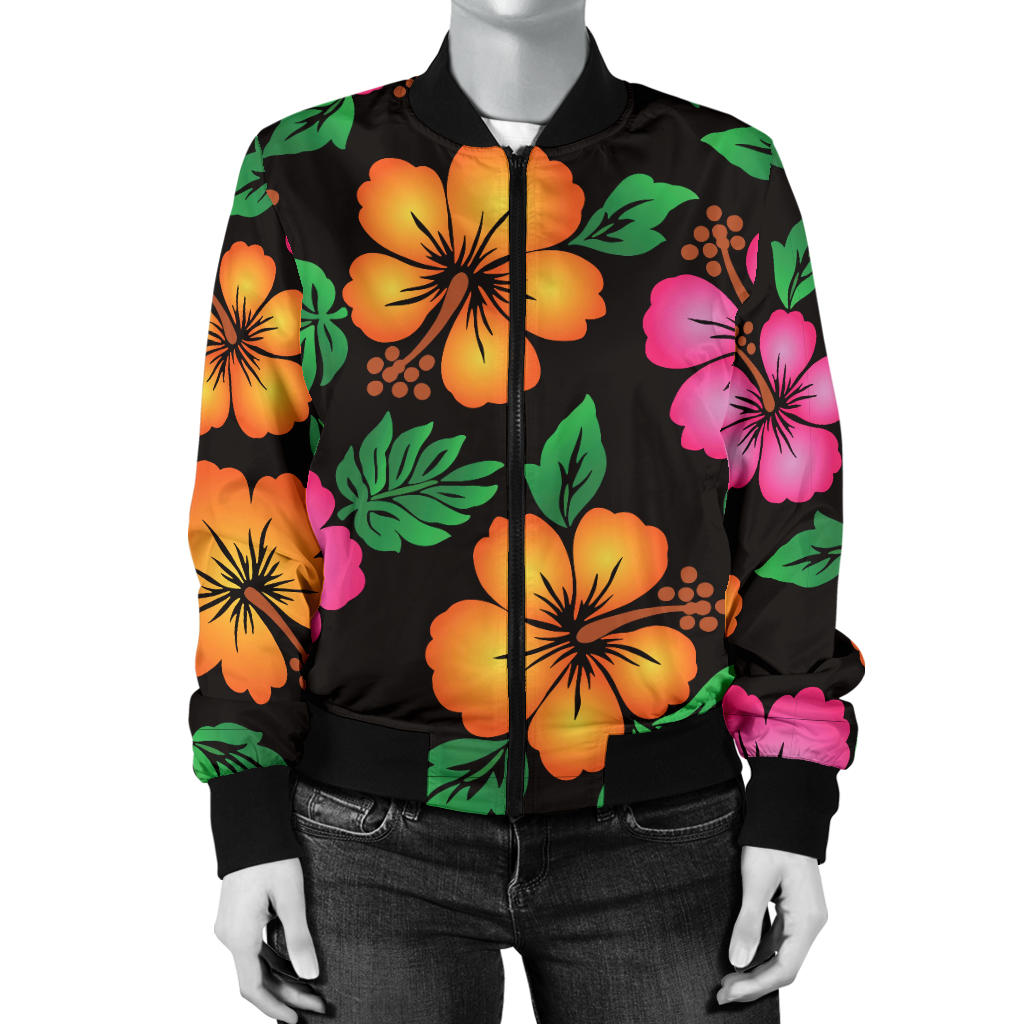 Hibiscus Pattern Print Design HB029 Women Bomber Jacket