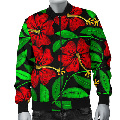 Red Hibiscus Embroidered Pattern Print Design HB032 Men Bomber Jacket