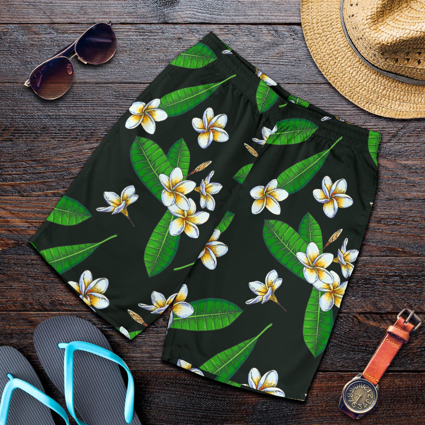 White Plumeria Pattern Print Design PM023 Mens Shorts