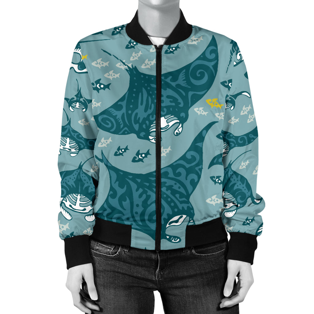 Manta Ray Tribal Pattern Print Design 03 Women's Bomber Jacket
