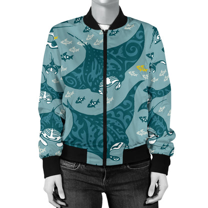 Manta Ray Tribal Pattern Print Design 03 Women's Bomber Jacket