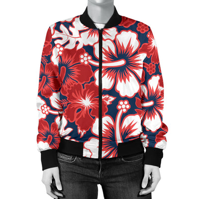 Red Hibiscus Pattern Print Design HB01 Women Bomber Jacket