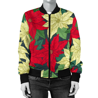 Poinsettia Pattern Print Design POT06 Women Bomber Jacket