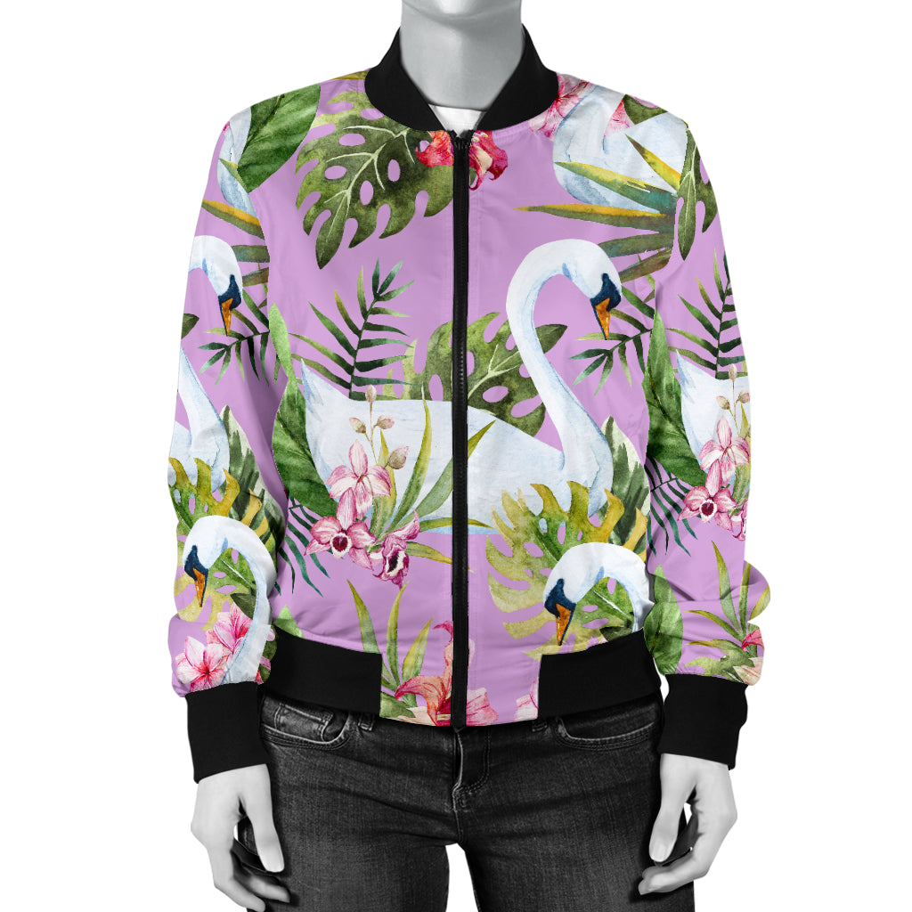 Swan with Flower Pattern Print Design 01 Women's Bomber Jacket