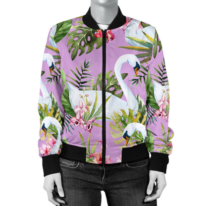 Swan with Flower Pattern Print Design 01 Women's Bomber Jacket