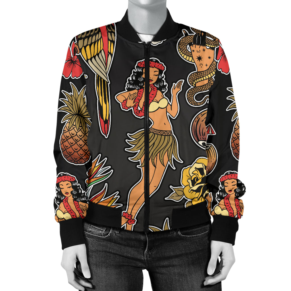 Hula Dancers Hawaiian Style Pattern Print Design 02 Women's Bomber Jacket