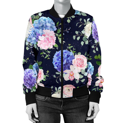 Hydrangea Pattern Print Design HD01 Women Bomber Jacket