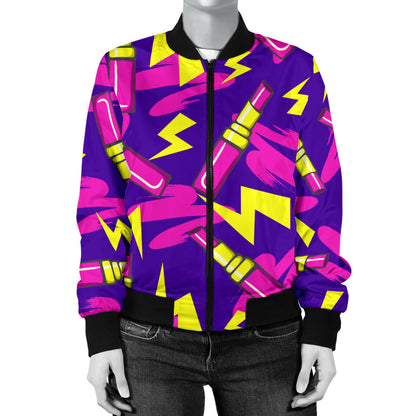 Lipstick Pattern Print Design LT04 Women Bomber Jacket