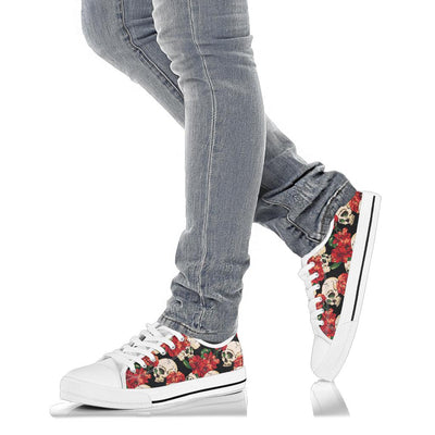 Skull Red Rose White Bottom Low Top Shoes