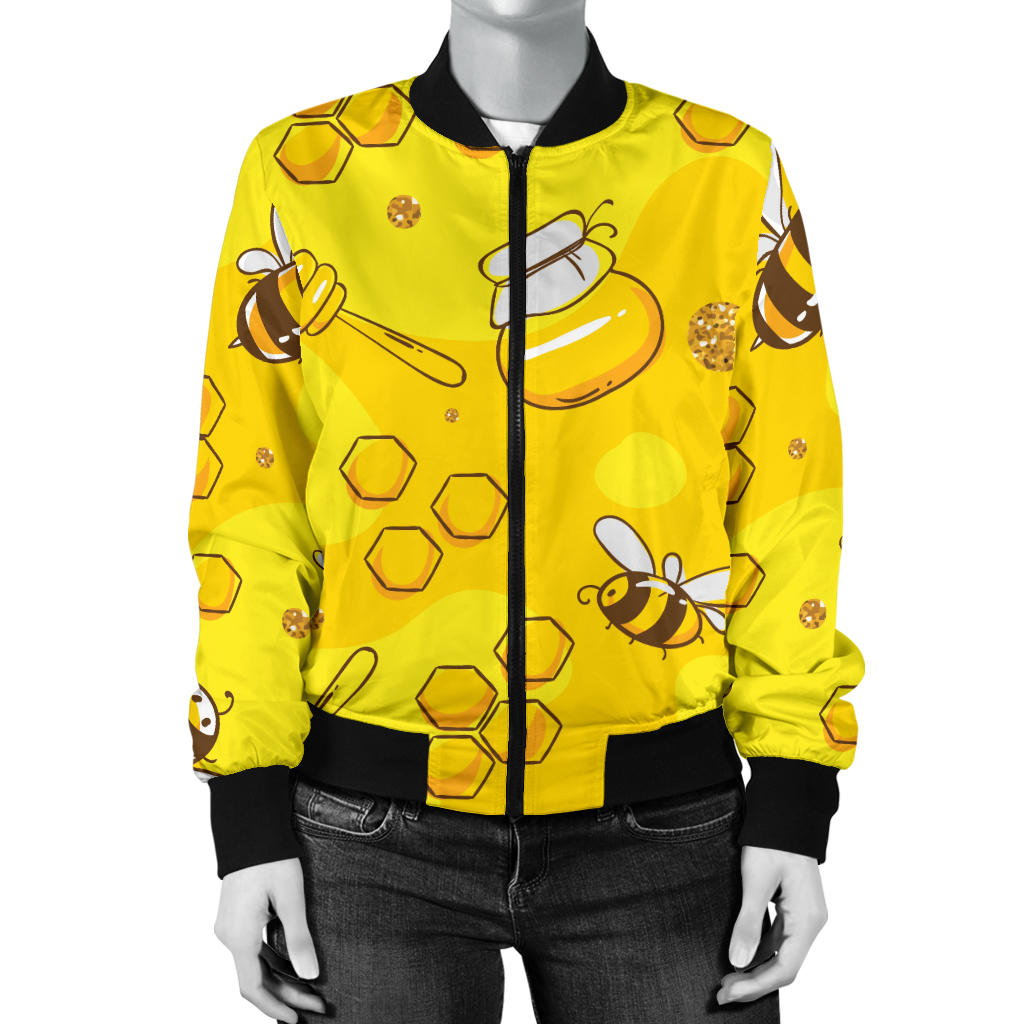 Bee Pattern Print Design BEE01 Women Bomber Jacket