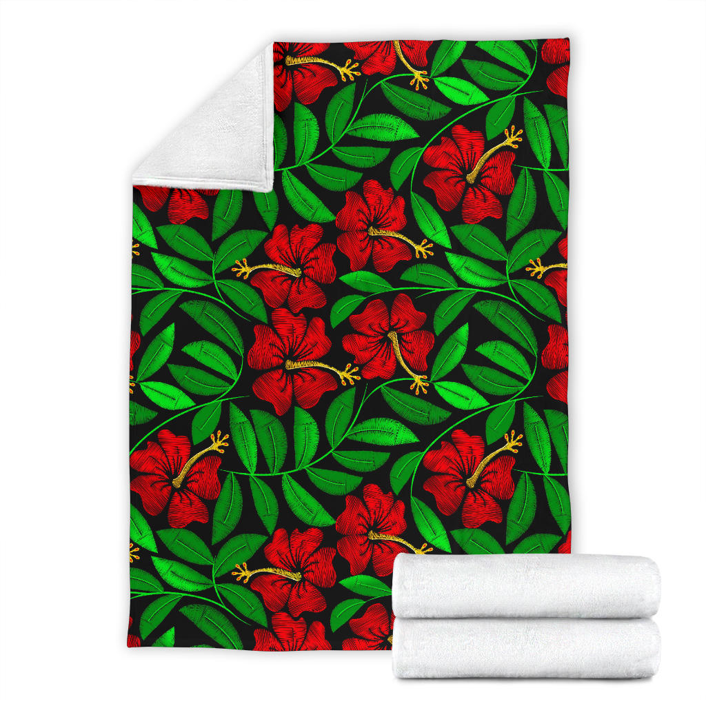 Red Hibiscus Embroidered Pattern Print Design HB032 Fleece Blanket