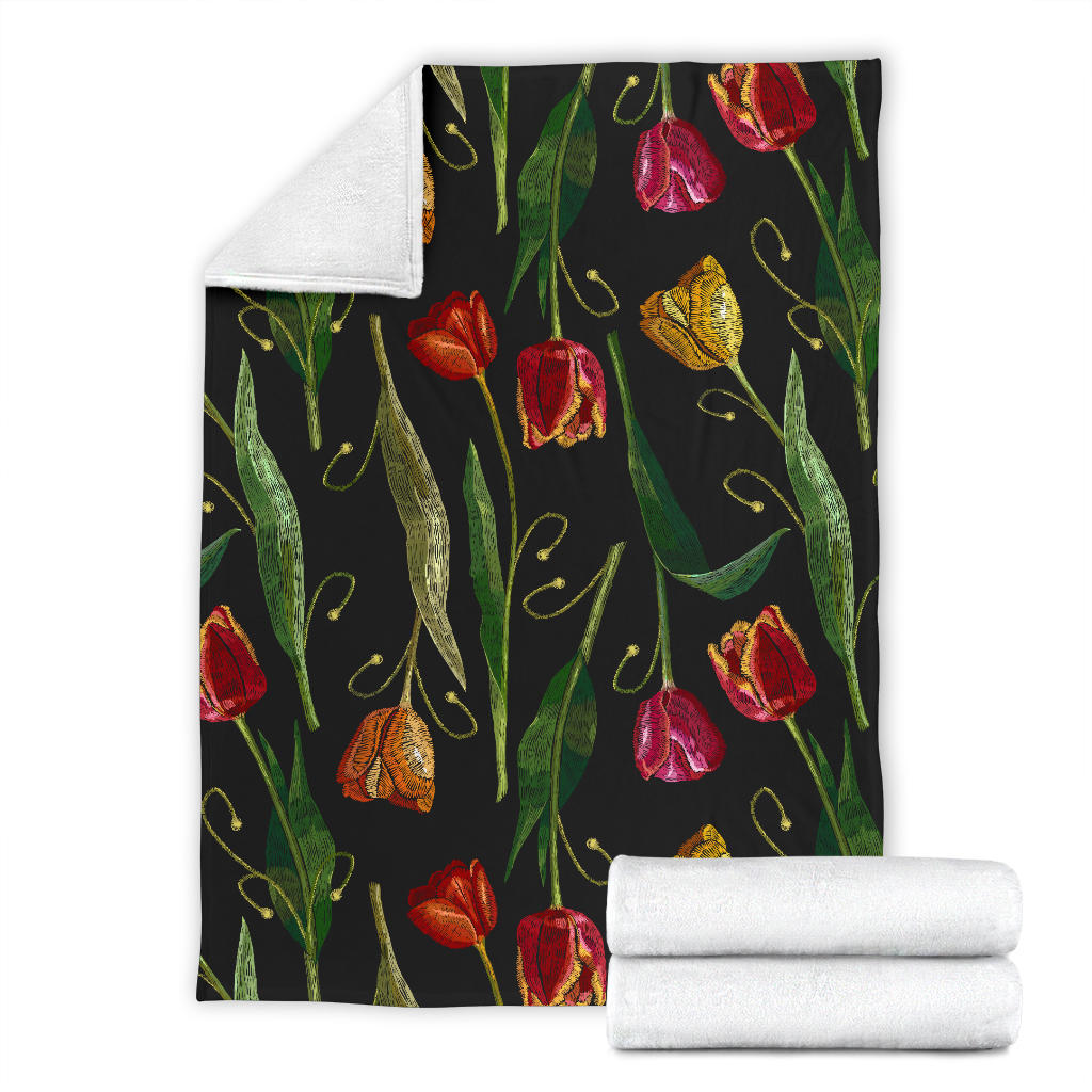 Tulip Embroidered Pattern Print Design TP01 Fleece Blanket