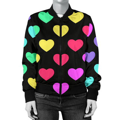 Heart Rainbow Pattern Print Design HE02 Women Bomber Jacket