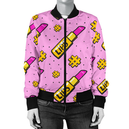 Lipstick Pattern Print Design LT03 Women Bomber Jacket