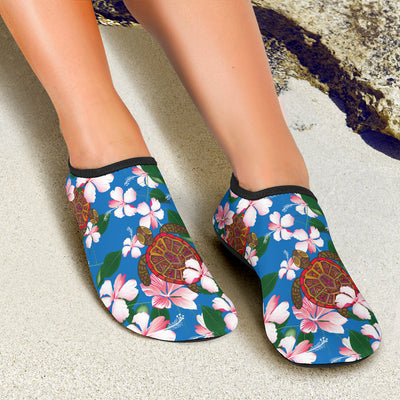 Sea Turtle Pink Hibiscus Hawaiian Print Aqua Water Shoes