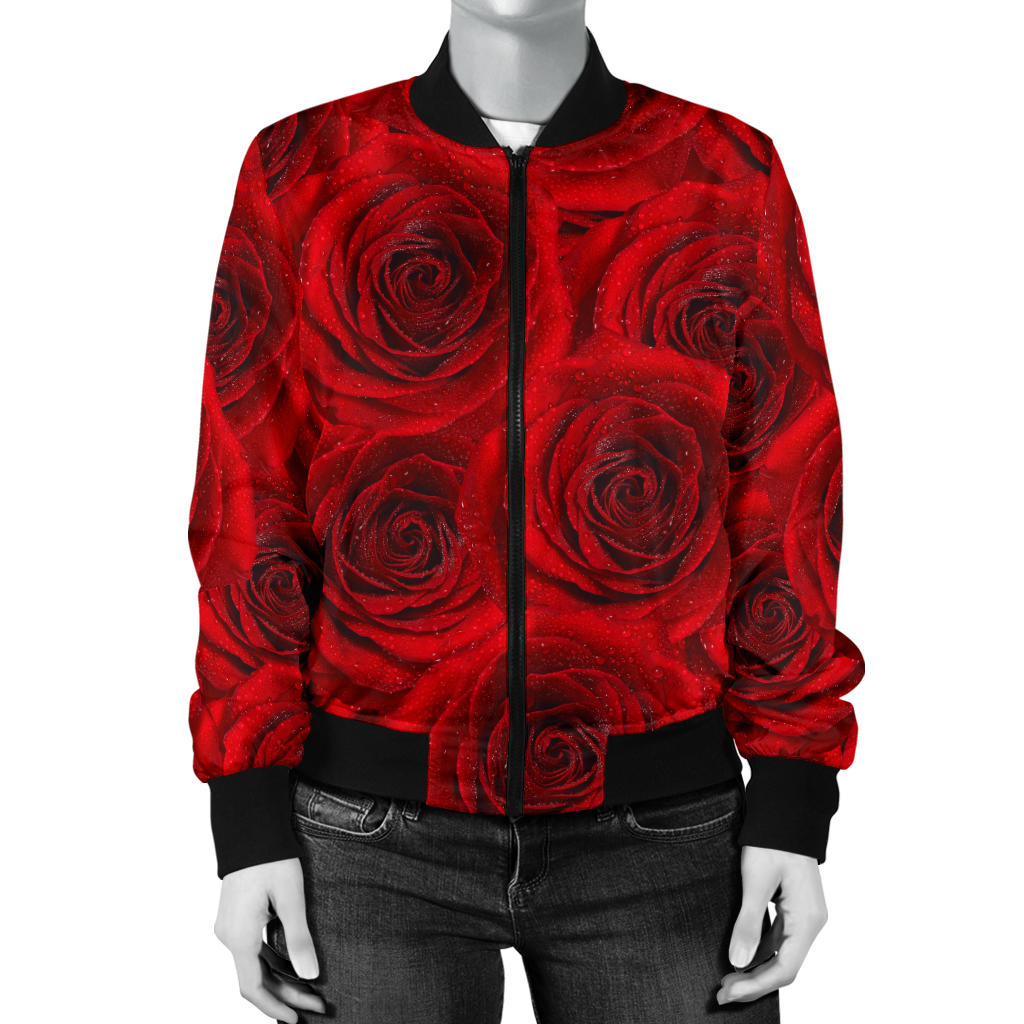 Rose Red Pattern Print Design RO04 Women Bomber Jacket