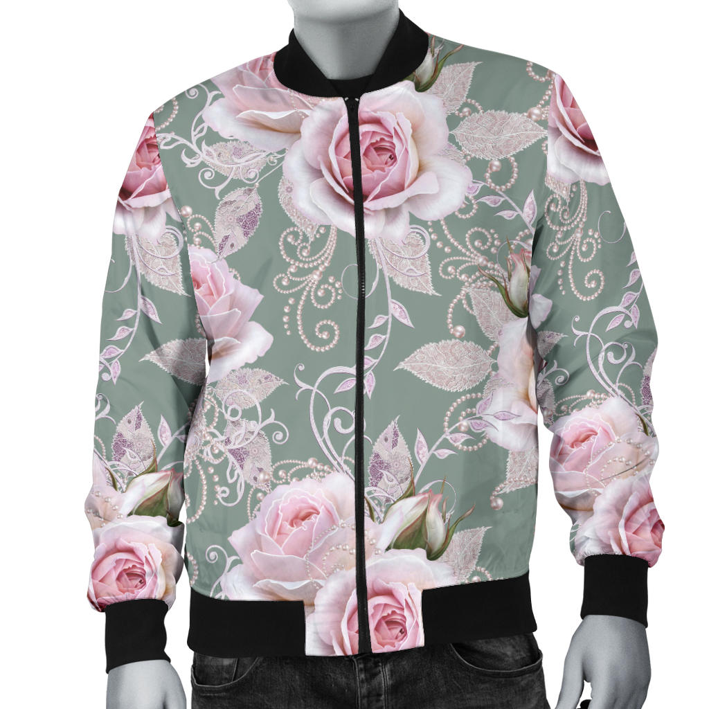 Rose White Pattern Print Design RO012 Men Bomber Jacket