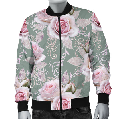 Rose White Pattern Print Design RO012 Men Bomber Jacket
