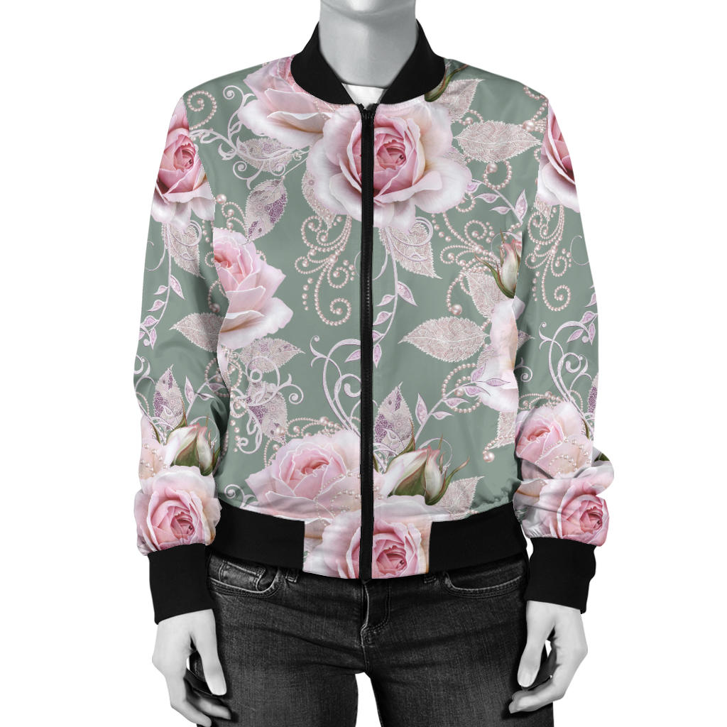 Rose White Pattern Print Design RO012 Women Bomber Jacket