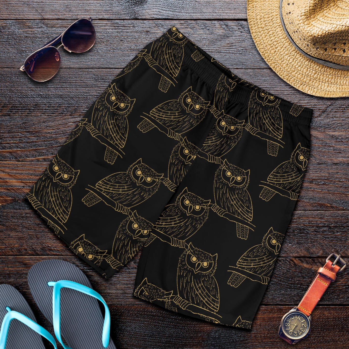 Gold Owl Pattern Mens Shorts