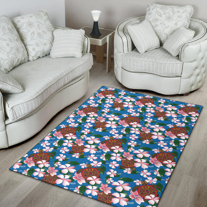 Sea Turtle Pink Hibiscus Hawaiian Print Area Rugs