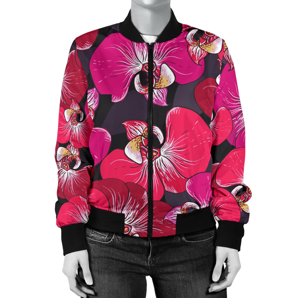 Orchid Red Pattern Print Design OR05 Women Bomber Jacket
