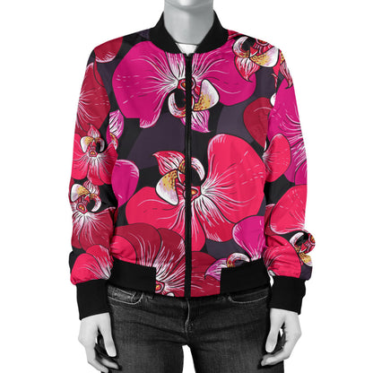 Orchid Red Pattern Print Design OR05 Women Bomber Jacket