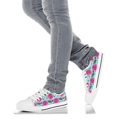 Dahlia Pattern Print Design DH08 White Bottom Low Top Shoes