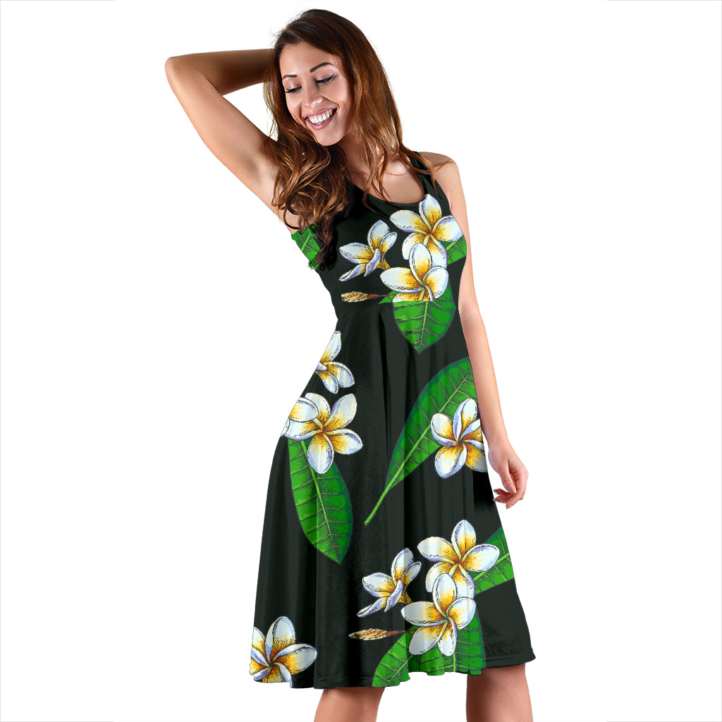 White Plumeria Pattern Print Design PM023 Midi Dress