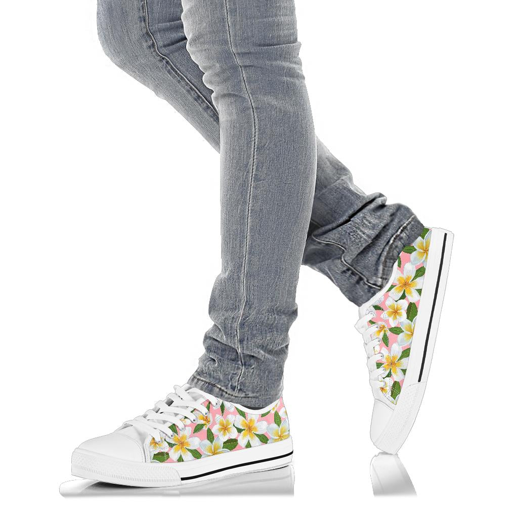 White Plumeria Pattern Print Design PM011 White Bottom Low Top Shoes